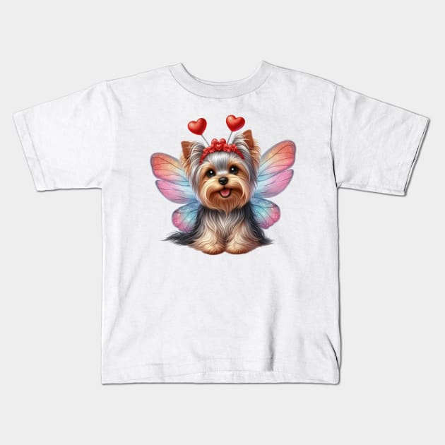 Valentine Fairy Yorkshire Terrier Dog Kids T-Shirt by Chromatic Fusion Studio